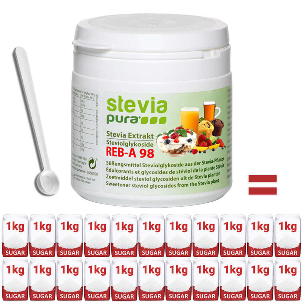 Buy pure Stevia extract with dosing spoon Reb-A 98% sugar substitute.