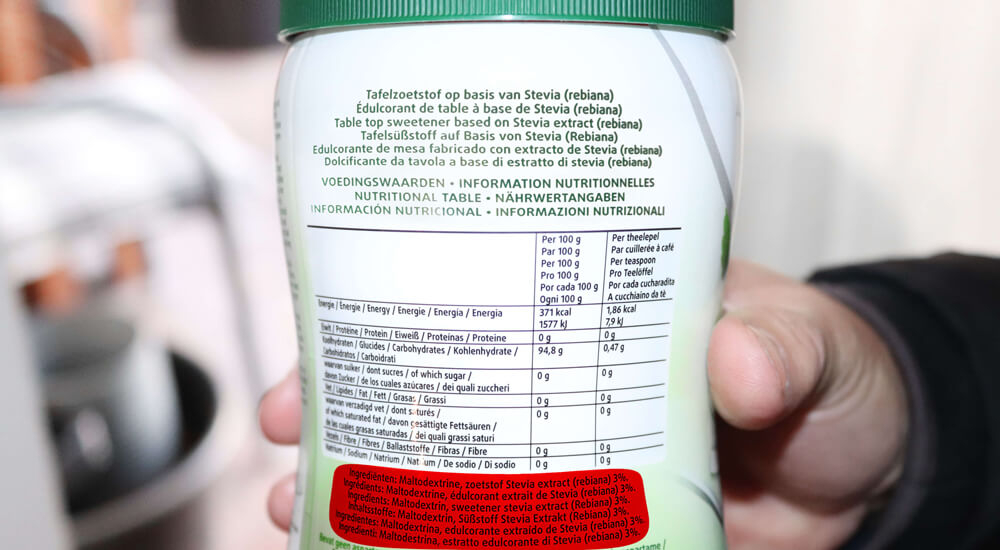 Stevia producten in de supermarkt met maltodextrine