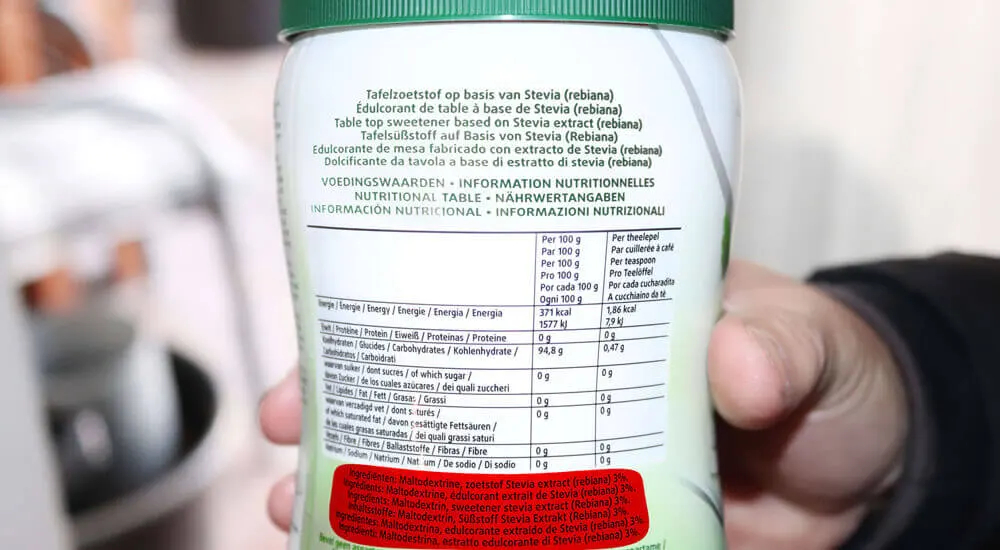 Stevia products in the supermarket with maltodextrin