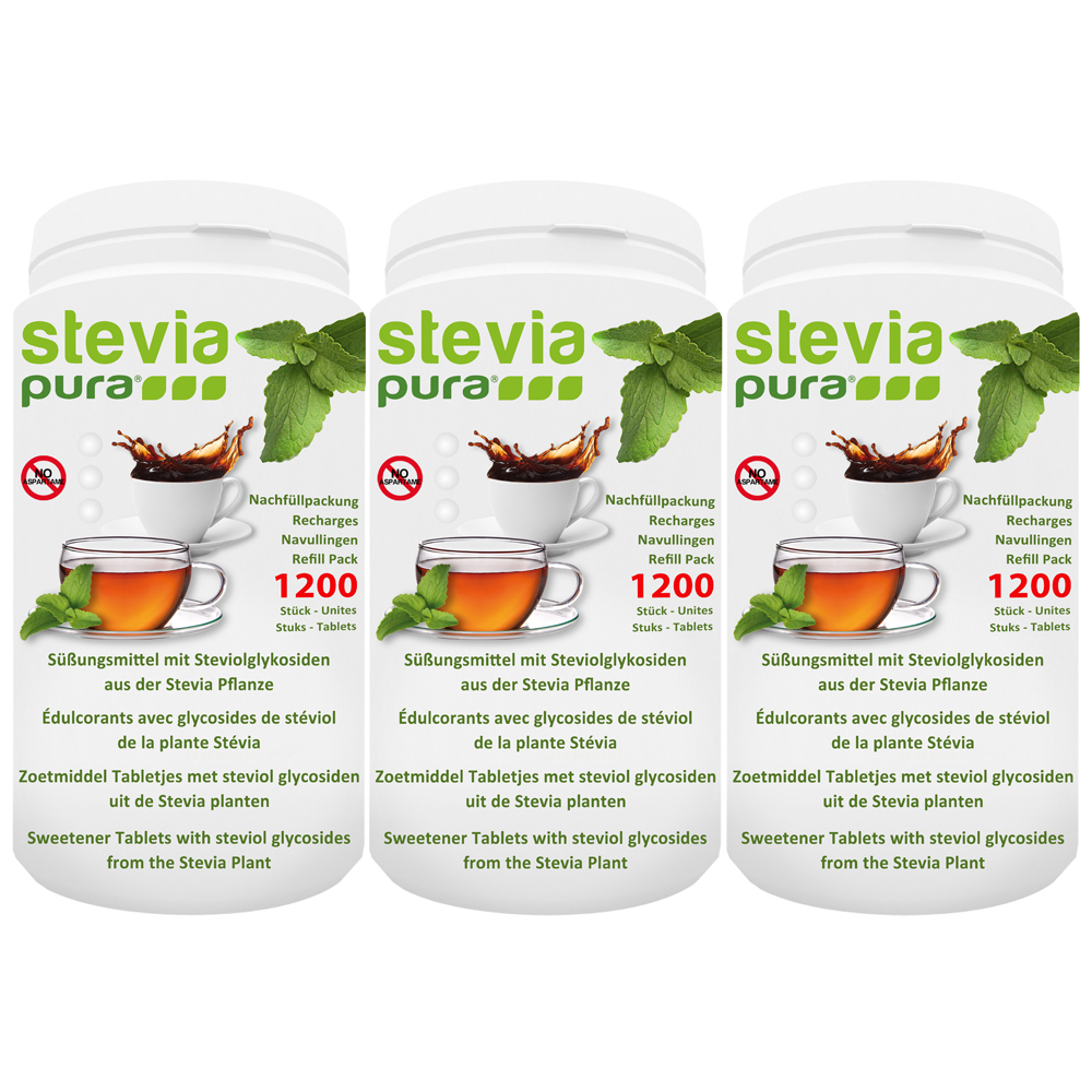 3x1200 Stevia Süßstofftabletten | Stevia Tabs | Stevia Tabletten Nachfüllpackung