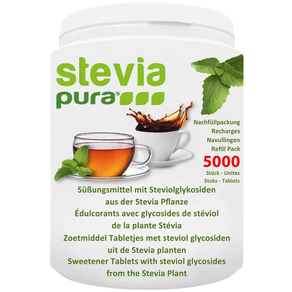 Compresse di dolcificante Stevia nella pratica confezione di ricarica.