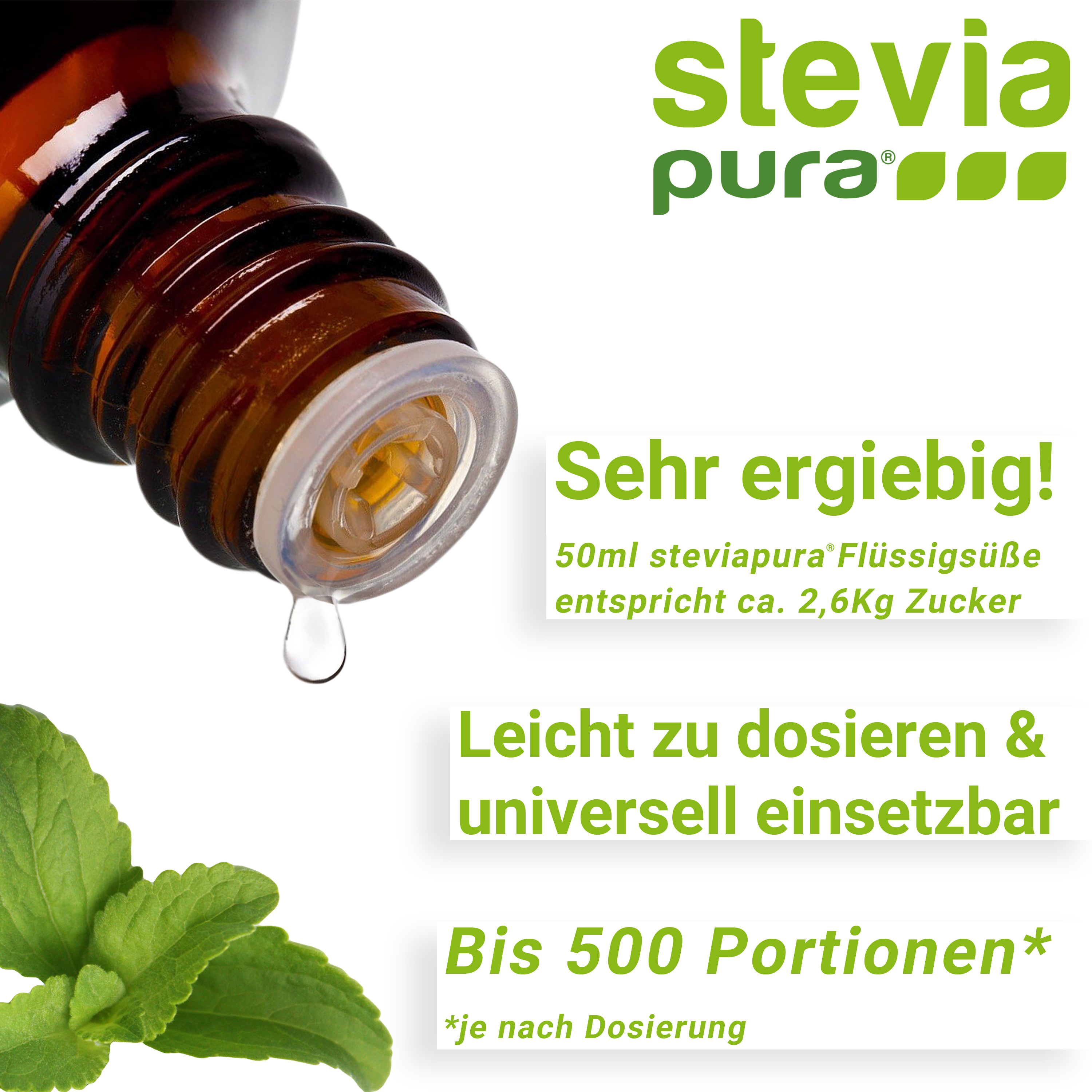 Stevia flüssig ist leicht zu dosieren und universell verwendbar.