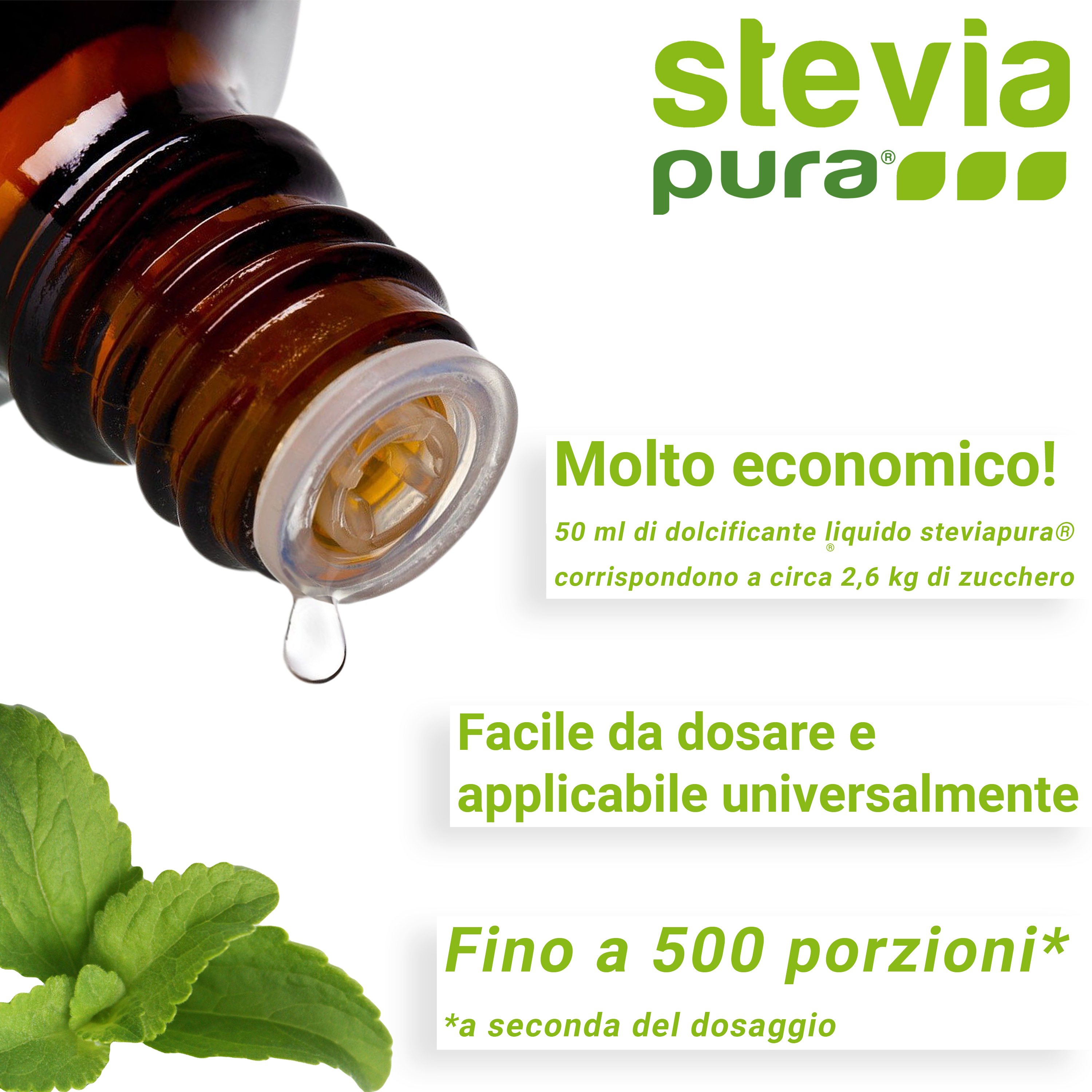 La Stevia Liquida è facile da dosare e può essere utilizzata universalmente.
