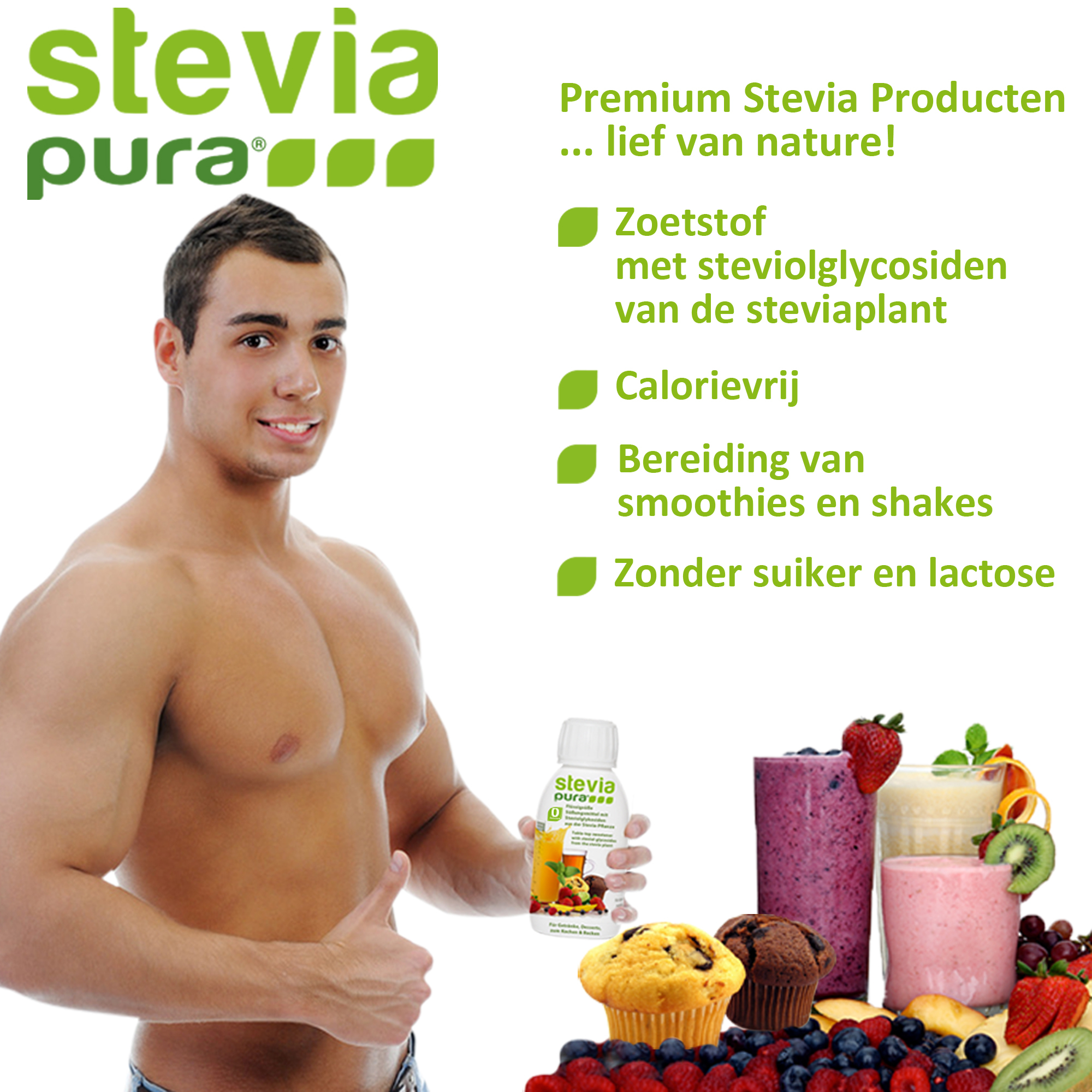 Het gebruik van Stevia vloeistof voor atleten om energiedrankjes en eiwitshakes te zoeten.