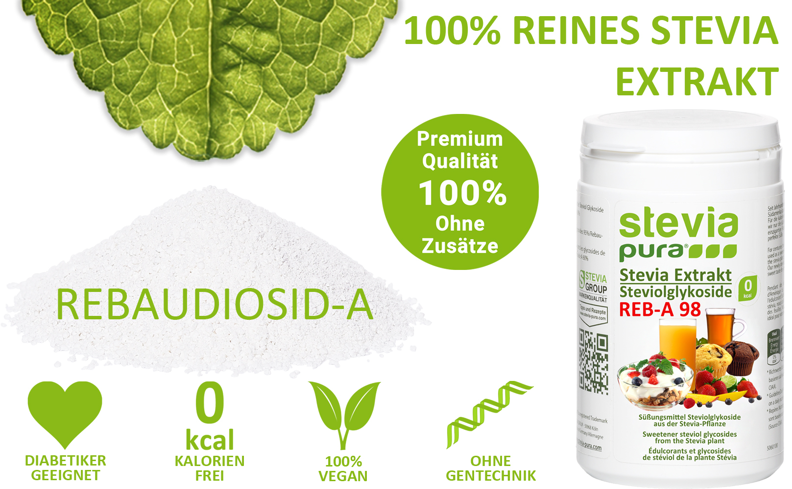 Reines Stevia Extrakt Pulver kaufen Rebaudiosid-A 98%