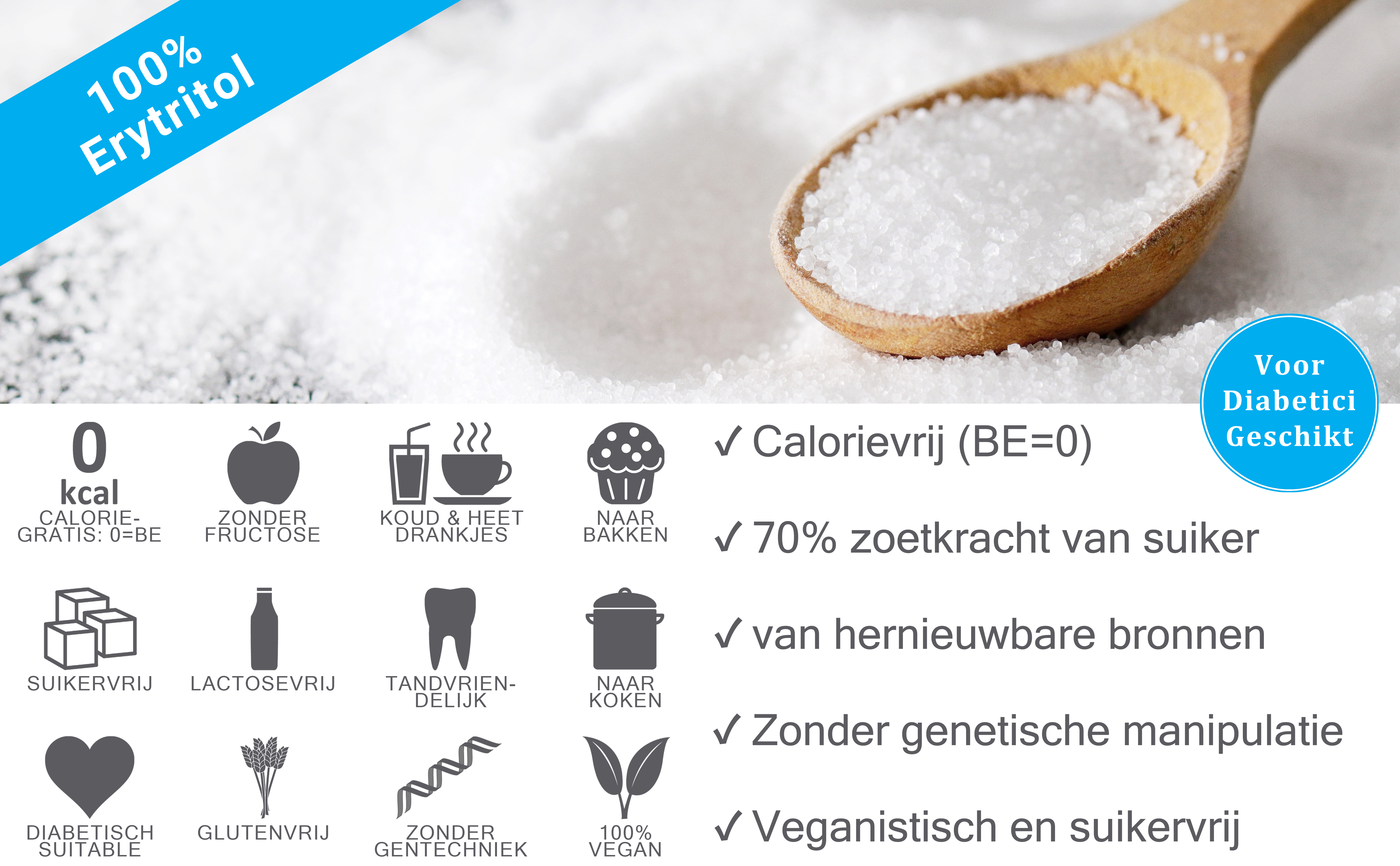 Erythritol behoort tot de suikeralcoholen en wordt gebruikt als suikervervanger. Het heeft ongeveer 60-70 procent van de zoetkracht van suiker.