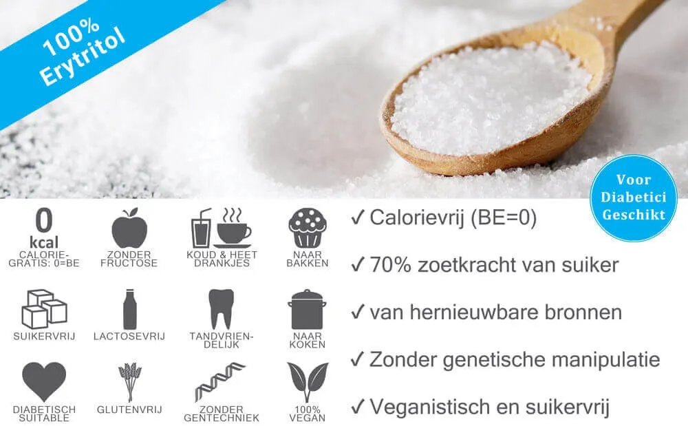 Erythritol behoort tot de suikeralcoholen en wordt gebruikt als suikervervanger. Het heeft ongeveer 60-70 procent van de zoetkracht van suiker.