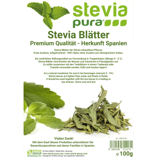 Folhas de Stevia - QUALIDADE PREMIUM - Stevia rebaudiana, integral - 100g