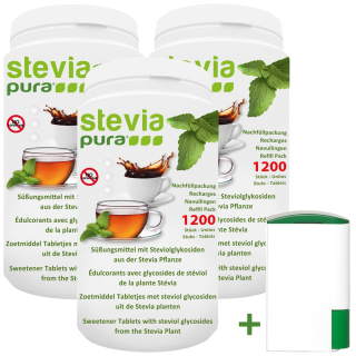 Tabs Stevia 3x1200 | Stevia comprimidos recarga pack + dispensador GRÁTIS